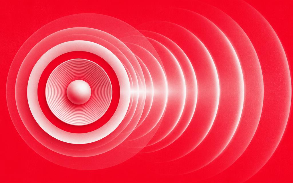 Concentric speaker cone rings radiating streaming pulses in Shuffle red