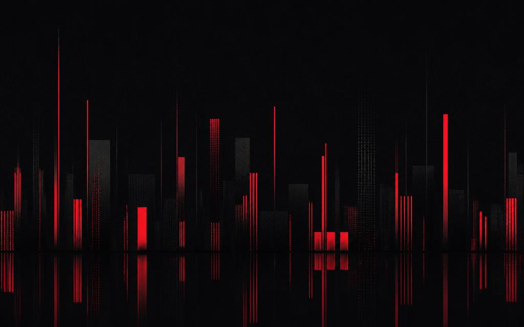 Dark city skyline rendered as an equaliser grid with red accent bars